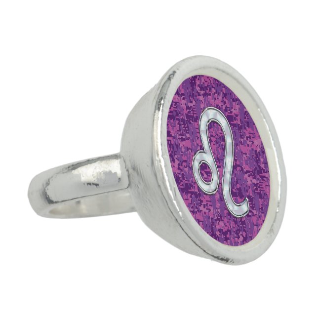 Leo Zodiac Symbol on Pink Fuchsia Digital Camo Ring (Side)