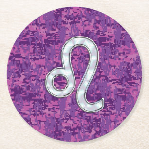 Leo Zodiac Symbol on Pink Fuchsia Digital Camo Round Paper Coaster