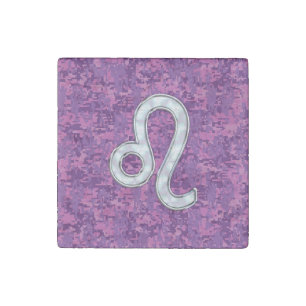 Leo Zodiac Symbol on Pink Fuchsia Digital Camo Stone Magnet