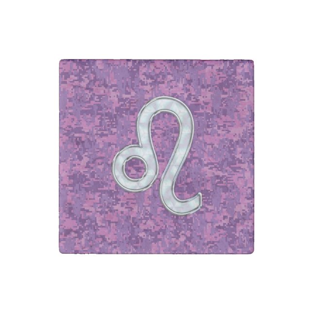Leo Zodiac Symbol on Pink Fuchsia Digital Camo Stone Magnet (Front)