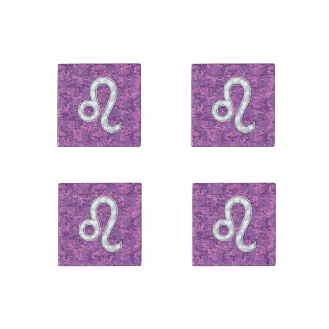 Leo Zodiac Symbol on Pink Fuchsia Digital Camo Stone Magnet (Front)