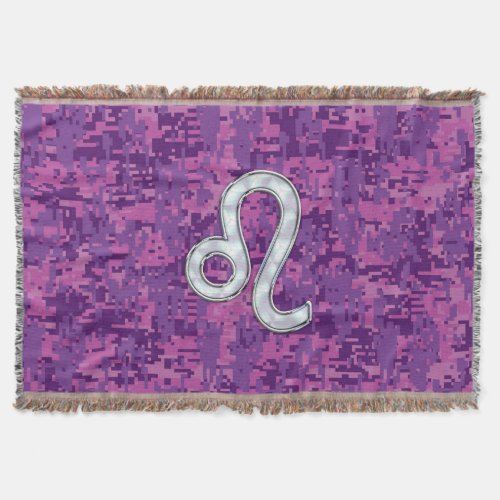 Leo Zodiac Symbol on Pink Fuchsia Digital Camo Throw Blanket