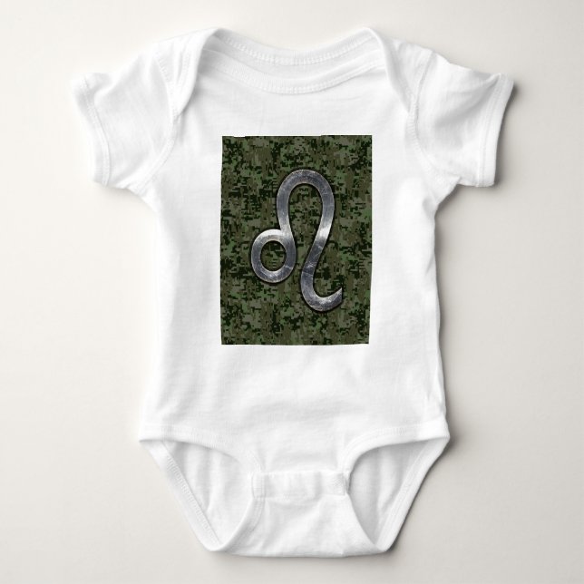 Leo Zodiac Symbol on Woodland Digital Camo Baby Bodysuit (Front)
