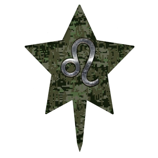 Leo Zodiac Symbol on Woodland Digital Camo Cake Topper (Front)