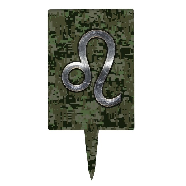 Leo Zodiac Symbol on Woodland Digital Camo Cake Topper (Front)