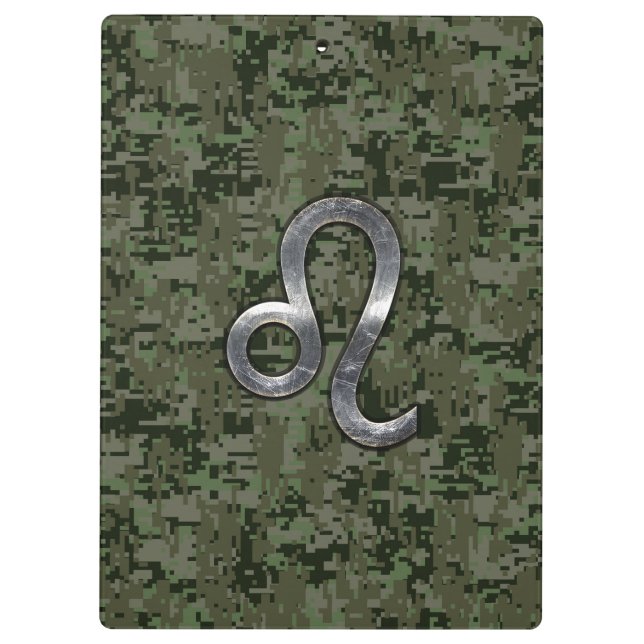 Leo Zodiac Symbol on Woodland Digital Camo Clipboard (Back)