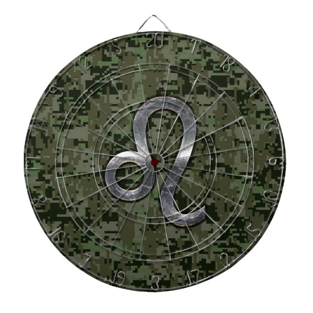 Leo Zodiac Symbol on Woodland Digital Camo Dart Board (Front)