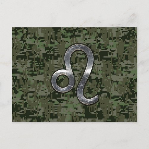 Leo Zodiac Symbol on Woodland Digital Camo Postcard