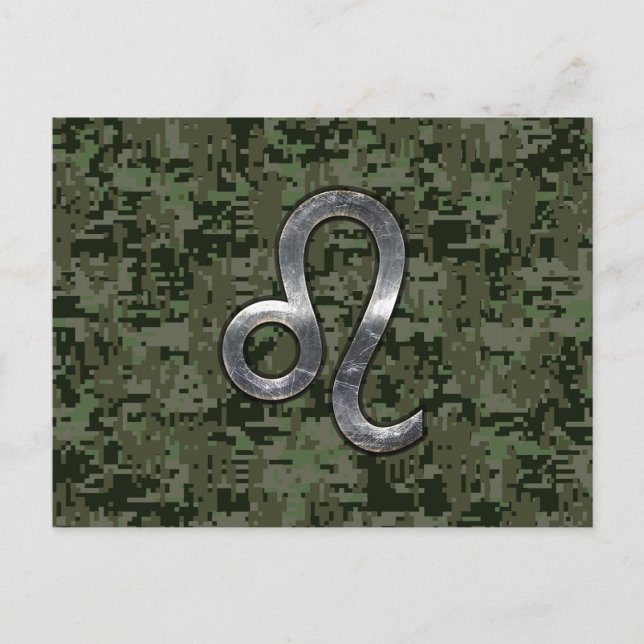 Leo Zodiac Symbol on Woodland Digital Camo Postcard (Front)