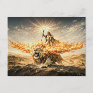 Leo Zodiac with Warrior Riding a Fiery Winged Lion Postcard