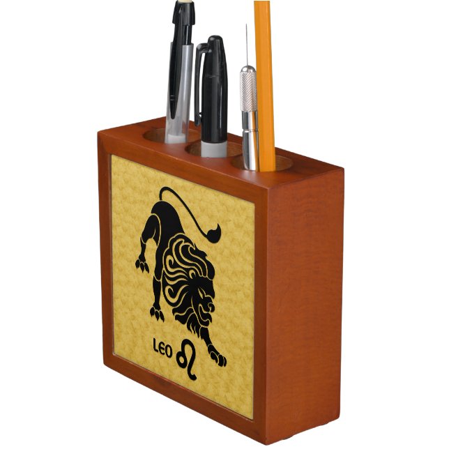 Leo Zodiac Wood Gold Black Desk Organizer (In Situ)