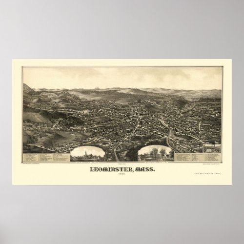 Leominster MA Panoramic Map _ 1886 Poster