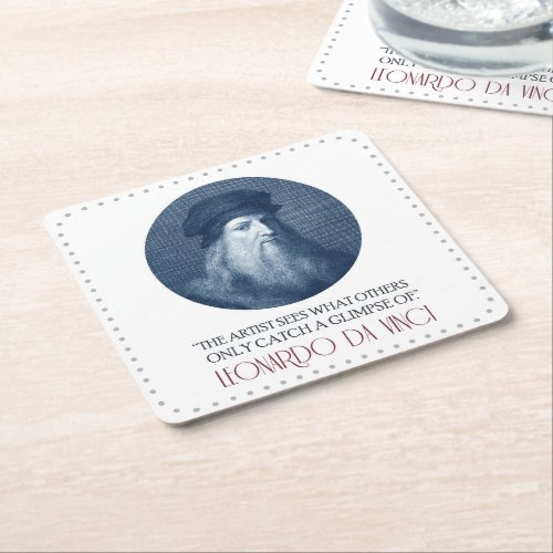 Leonardo da Vinci Portrait with Quote Square Paper Coaster