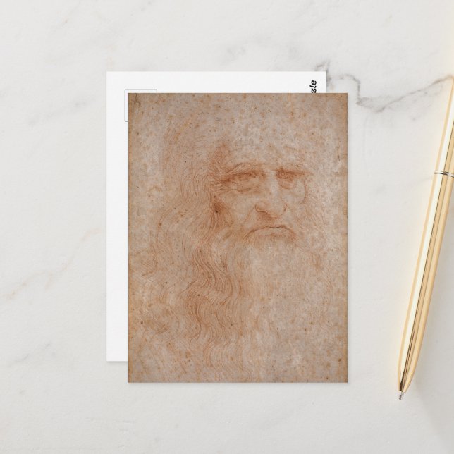 Leonardo Da Vinci, Presumed Self-Portrait Postcard (Front/Back In Situ)