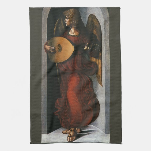 Leonardo da Vinci"s An Angel in Red with a Lute Kitchen Towel (Vertical)