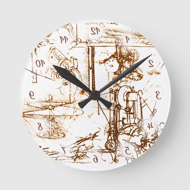 Leonardo Da Vinci sketchings with reversed numbers Round Clock (Front)
