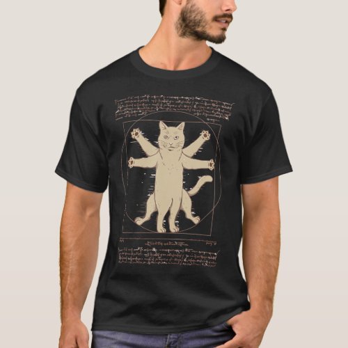Leonardo Da Vinci Vitruvian cat lover Line Art abs T_Shirt