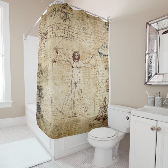 Leonardo Da Vinci Vitruvian Man collage Shower Curtain (In Situ)