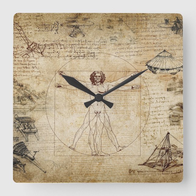 leonardo Da Vinci Vitruvian Man Square Wall Clock (Front)