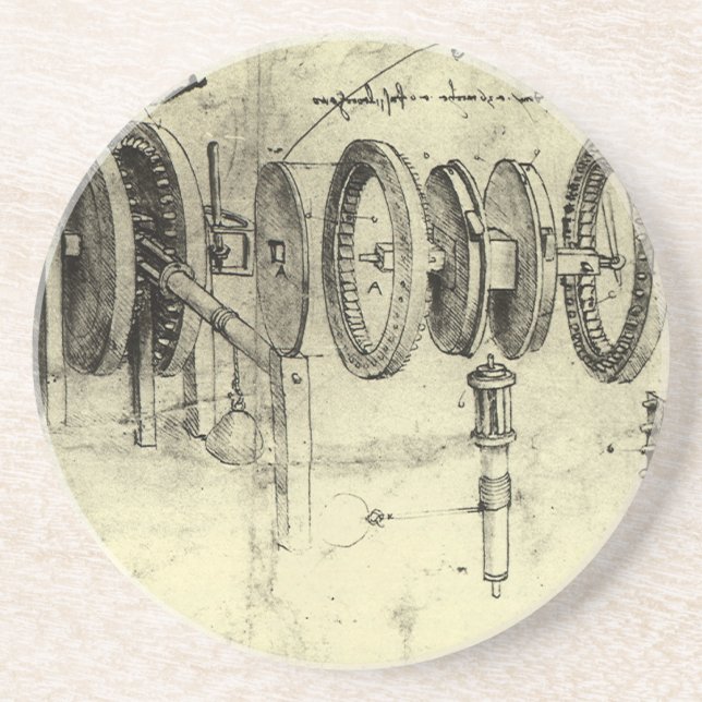 Leonardo da Vinci's Engineering Sketch of a Wheel Sandstone Coaster (Front)