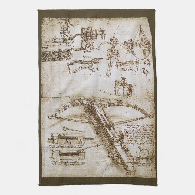 Leonardo da Vinci's Giant Crossbow Weapon Sketch Kitchen Towel (Vertical)