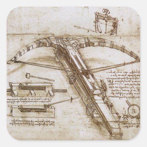 Leonardo da Vincis Giant Crossbow Weapon Sketch Square Sticker