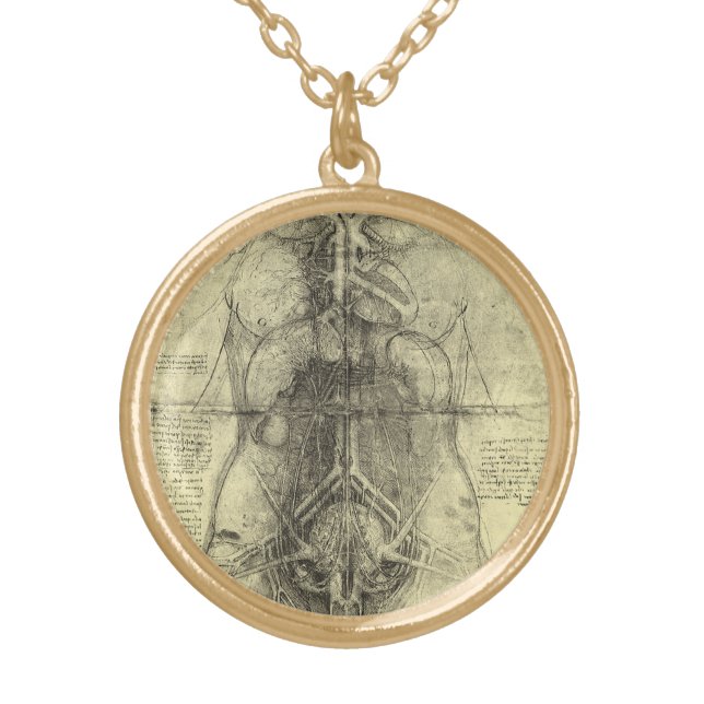 Leonardo da Vinci's Human Anatomy, Female Torso Gold Plated Necklace (Front)