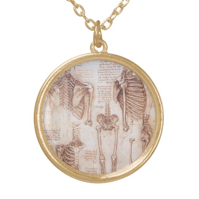Leonardo da Vinci's Human Anatomy Skeleton Bones Gold Plated Necklace (Front)