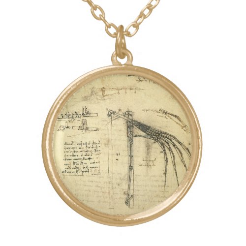 Leonardo da Vincis Wing on Flying Machine Sketch Gold Plated Necklace