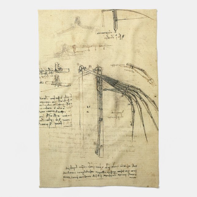 Leonardo da Vinci's Wing on Flying Machine Sketch Kitchen Towel (Vertical)