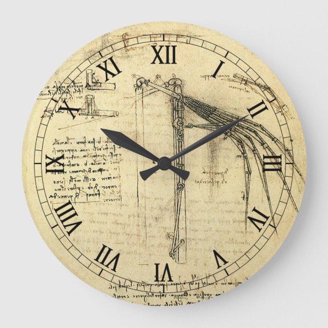 Leonardo da Vinci's Wing on Flying Machine Sketch Large Clock (Front)