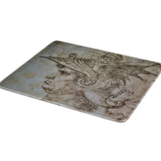 Leonardo’s Helmeted Warrior  Cutting Board (Da Vinci’s Ancient Warrior Sketch hand-pressed tempered glass cutting board five different sizes.

)