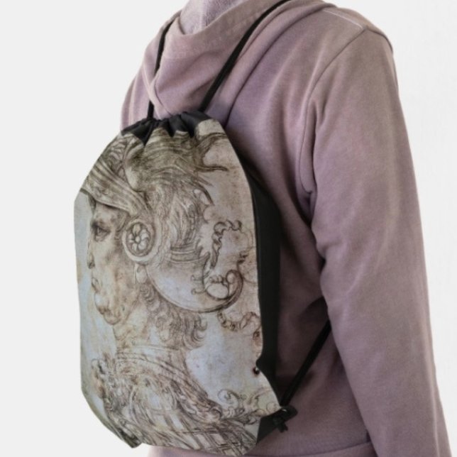 Leonardo’s Helmeted Warrior Drawstring Bag (Da Vinci’s Ancient Warrior Sketch drawstring bag 100% polyester reinforced black trim and grommets. )