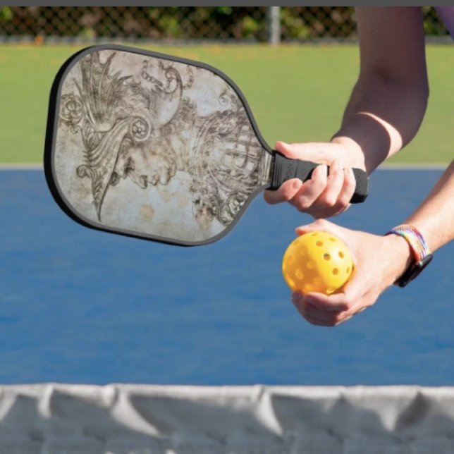 Leonardo’s Helmeted Warrior Pickleball Paddle (Da Vinci’s Ancient Warrior Sketch pickle ball paddle hand wrapped grip honeycomb core 8 oz weight. )