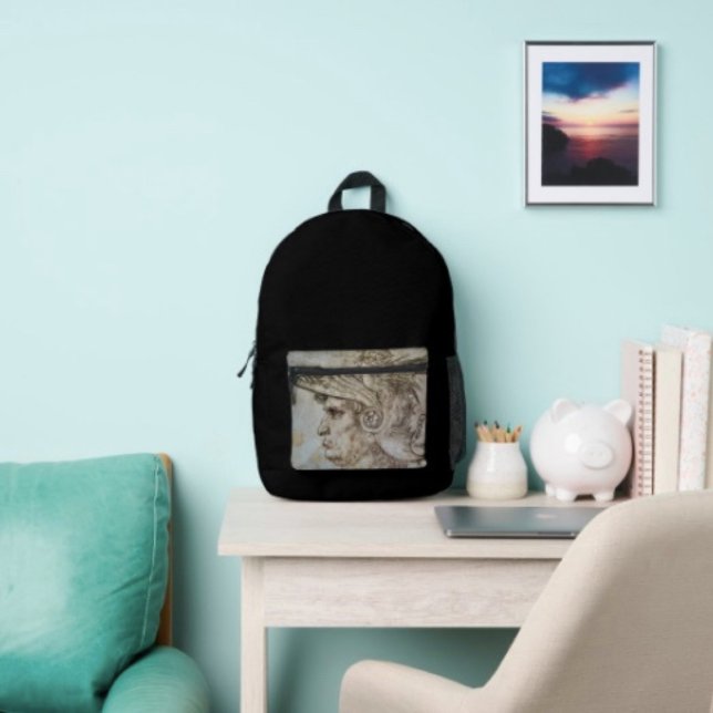 Leonardo's Helmeted Warrior  Printed Backpack (Da Vinci’s Ancient Warrior Sketch back pack lightweight and durable padded shoulder straps. )