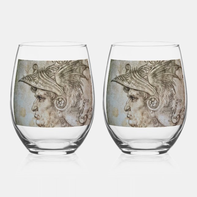 Leonardo's Helmeted Warrior    Stemless Wine Glass (Front)