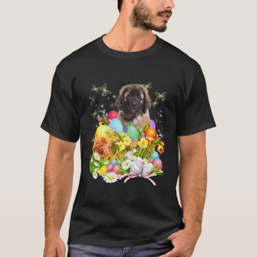 Leonberger Bunny Dog With Easter Eggs Basket T_Shirt