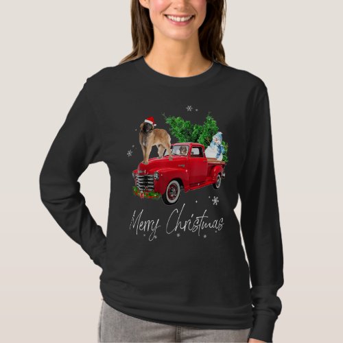 Leonberger Dog Riding Red Truck Christmas T_Shirt