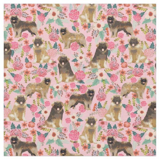 leonberger dog vintage florals pink fabric (Close Up)