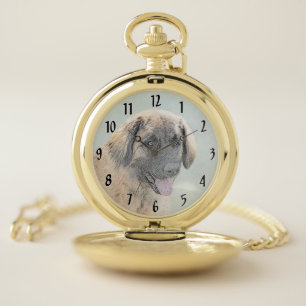 Leonberger Painting - Cute Original Dog Art Pocket Watch