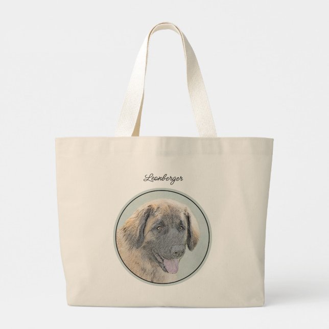 Leonberger Painting Leo Cute Original Pet Dog Art Large Tote Bag (Back)