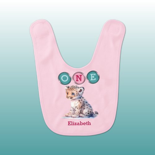 Leopard 1st Birthday one with name pink Baby Bib
