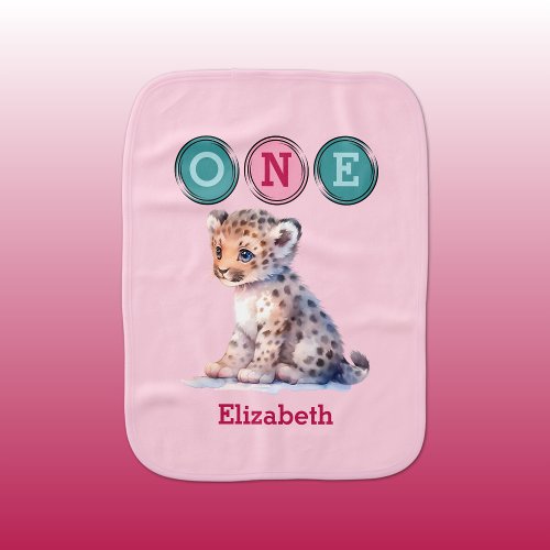 Leopard 1st Birthday one with name pink Baby Burp Cloth