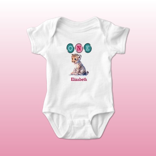 Leopard 1st Birthday one with name pink green Baby Bodysuit