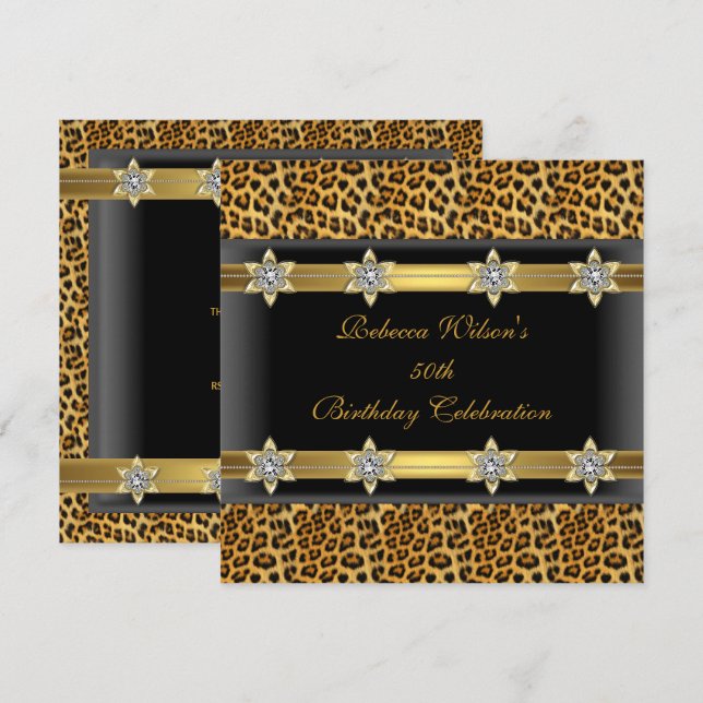 Leopard 50th Birthday Party Elegant Gold Black Invitation (Front/Back)