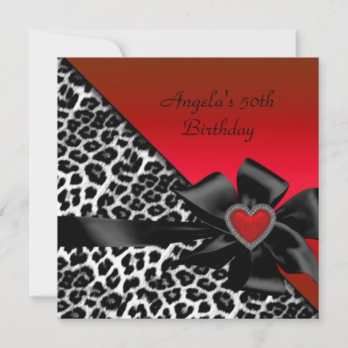 Leopard 50th Birthday Party Red Black White Invitation