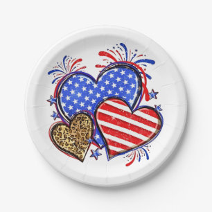 Leopard American Flag Heart 4th of July USA  Paper Plates