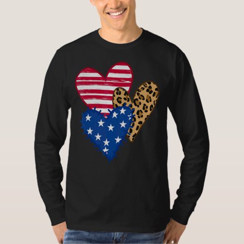Leopard American Flag Hearts  4th Of July Cute Gra T_Shirt
