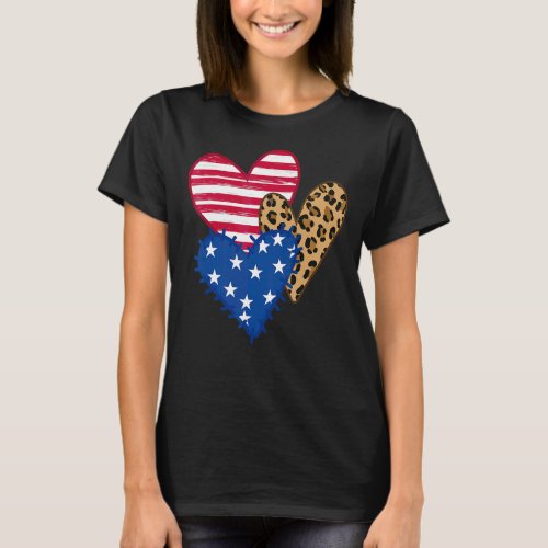 Leopard American Flag Hearts  4th Of July Cute Gra T_Shirt