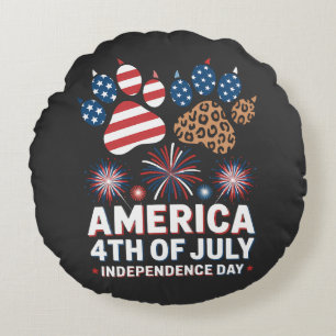 Leopard American Flag Hearts Cute 4th of July Round Pillow